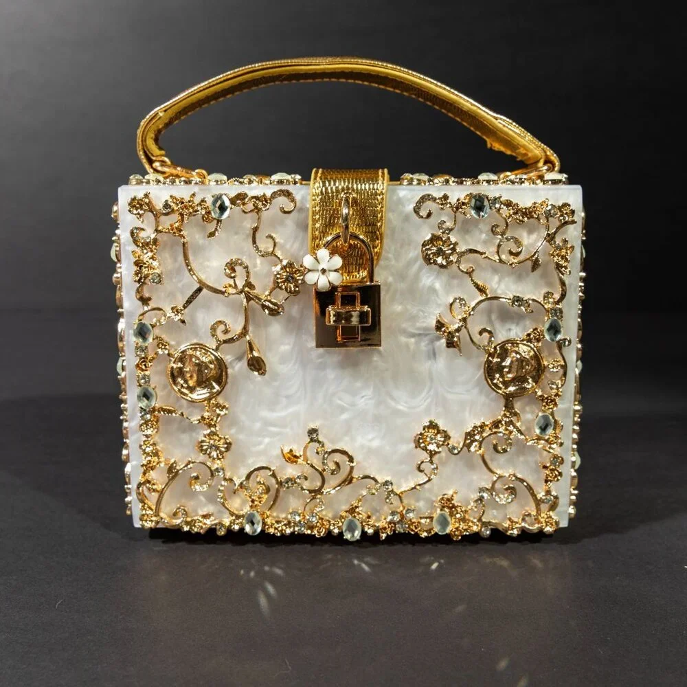 Verano Hill Acrylic Box Handbag White Gold Floral Design NWOT - Picture 1 of 7